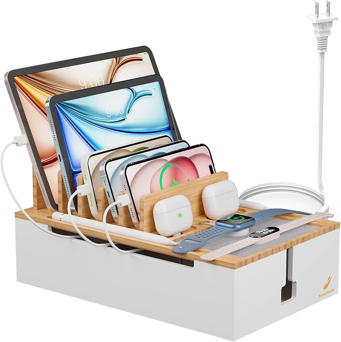 Pezin & Hulin Bamboo Charging Station for Multiple Devices-Natural+White | USB Charger Dock Organizer, with Power Supply (10 Ports HUB), 6 Cables, Cable Management Organizer for Cell Phones, Tablet