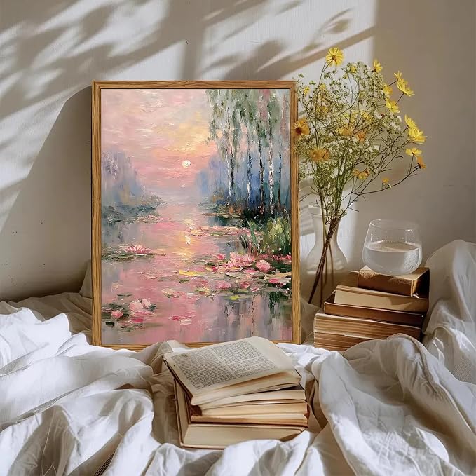 Framed Vintage Monet Canvas Wall Art, Pink Water Lilies Floral Pictures Wall Decor, Impressionist Sunset Landscape Paintings Prints Nature Aesthetic Artwork for Living Room Bedroom 16x24 inch