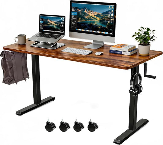Whole Piece Manual Standing Desk Adjustable Height with Lockable Casters- Hand Crank Stand up Desk with Wheels, Mobile Sit to Stand Workstation with Handle