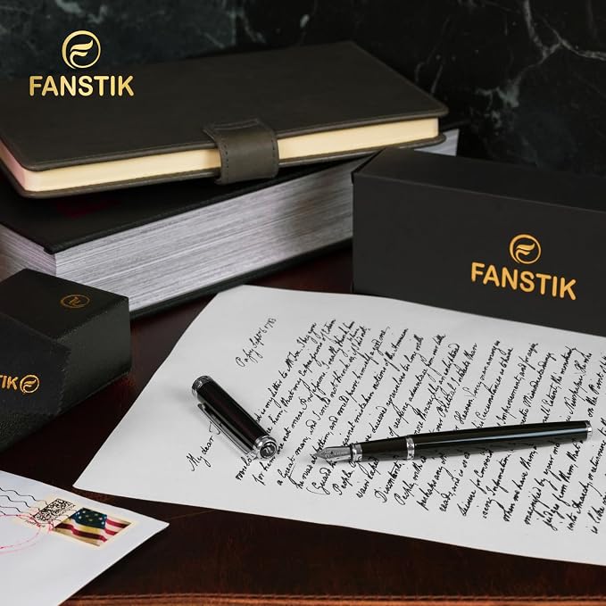 FANSTIK Customized Black & Silver Luxury fountain pen, fancy gift set for women, Chrome Finish, Professional executive pen gift set for men (Lux Custom-fountain Black-Silver)