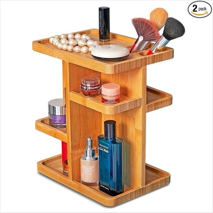 Bamboo 360 Degree Rotating 12 inches Makeup Organizer, Cosmetic Organizer | Multi-Function Storage for Makeup Desk, Bathroom, Bedroom, Closet, and Toiletries (Pack of 2)