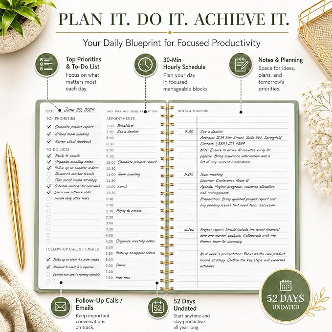 Daily Planner Undated - Simplified To Do List Notebook with Hourly Schedules, Spiral Appointment Organizer, 5.5" x 8.5", Easily Manage Your Tasks and Productivity - Green