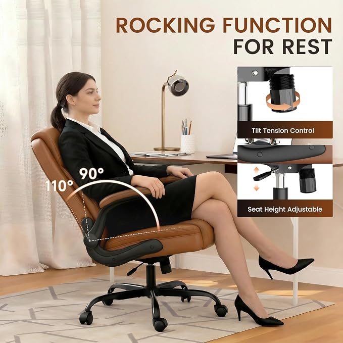 GTPLAYER Leather Office Chair, Home Desk Chair with Flip-up Arms and Ergonomic Back - Comfy Heavy Duty Executive Chair for Home Office Gaming, Brown