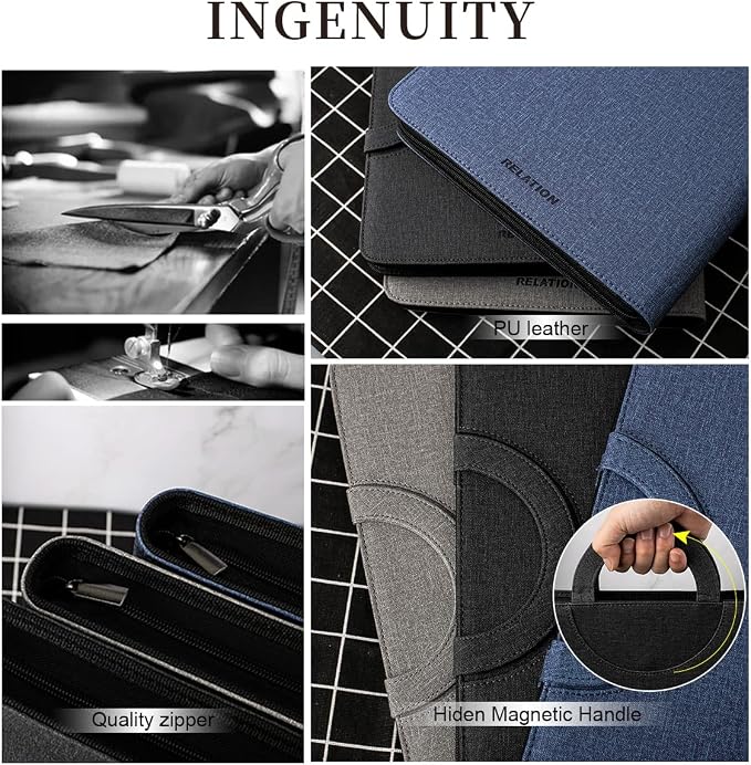 Leather Padfolio Portfolio, Business Conference Organizer Notepad Folder Bag for Women/Men(with Calculator, Black)