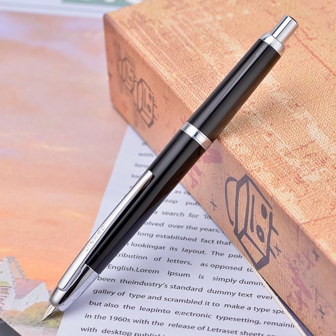 Jinhao 20 Press Fountain Pen, Piano Black Retractable Extra Fine Nib with Ink Converter Set (Silver Clip)