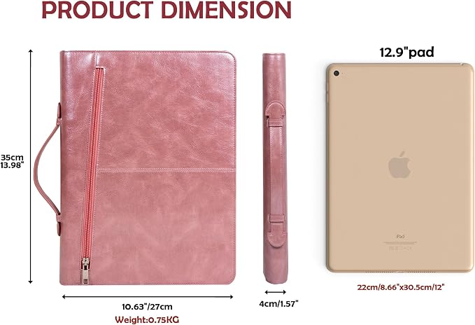 AZXCG Portfolio Binder, Pink Padfolio with Handle and Zipper,Leather Padfolio for Women,Professional Business Portfolio Organizer,A4 Notepad Holder, Gift for Valentine's Day,Girls and Women,