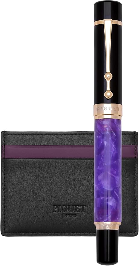 Piguet Genève – Luxury Fountain or Rollerball Pen Business Gift Set with Genuine Leather Card Holder, Premium Office Executive Gift (Fountain Pen, Amour Violet Set)