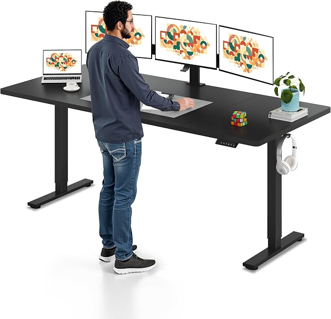 SANODESK Electric Standing Desk, 79 x 32'' Height Adjustable Sit Stand Desk with Large Splice Board Desktop Ergonomic Memory Presets Computer Workstations for Home Office, Black Frame/Black Top