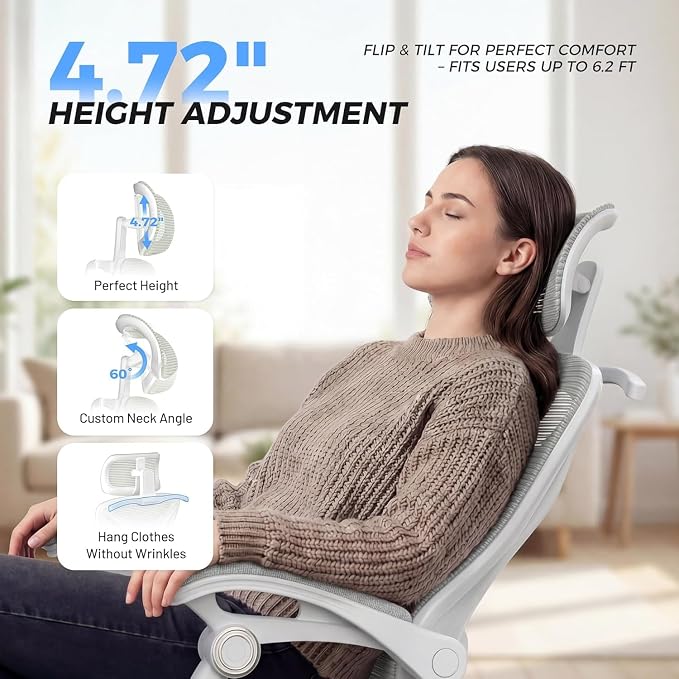 Ergonomic Office Chair - Adjustable Lumbar & Headrest, 90-160° Reclining with Footrest, Breathable Mesh Back - Home Office/Gaming Computer Chair (Modern, Light Grey)