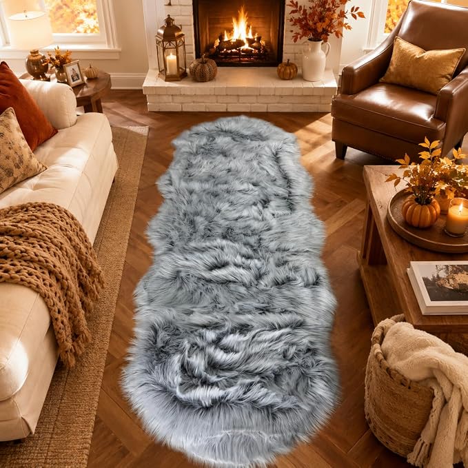 EasyJoy Faux Sheepskin Rug, 2 x 6 ft, Frosted Bottom Gray | Fluffy Faux Fur, Ultra Soft Shag, Non-Slip Backing, For Bedroom, Living Room, Nursery, Kids Room