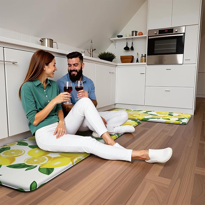 Lemon Kitchen Decor Kitchen Mat, Cushioned Anti Fatigue, Non-Slip | Bright Lemon Pattern,Yellow docor,Cushioned Comfort,Non-Slip Backing,Waterproof Surface,Easy Clean,Kitchen Sink,Laundry
