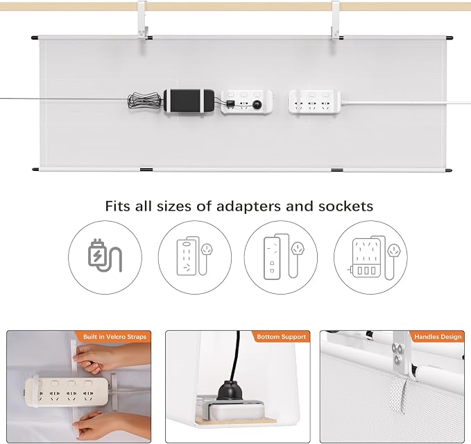 Under Desk Cable Management Tray, 48" Fabric Wire Cord Organizer, White | No Drill Under Table Wire Organizer with 16X Cable Ties for Office/Home, Cord Hider Fit Adapters & Sockets, Clamp/Screw Mount