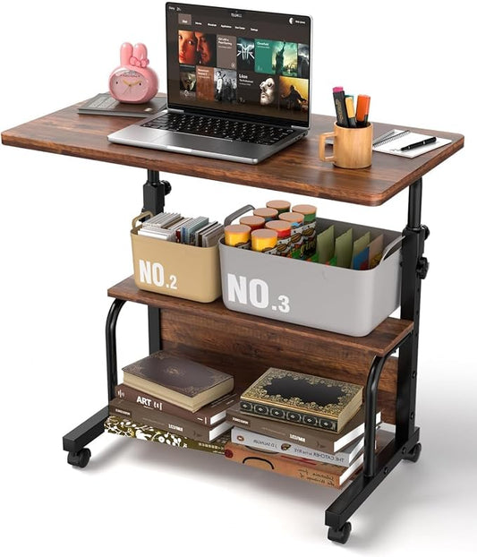 Simple Deluxe 31.5" Manual Standing Desk, Height Adjustable Mobile Computer Desk with Lockable Wheels & 2-Tier Storage, Rolling Laptop Table for Small Spaces & Home Office, Brown