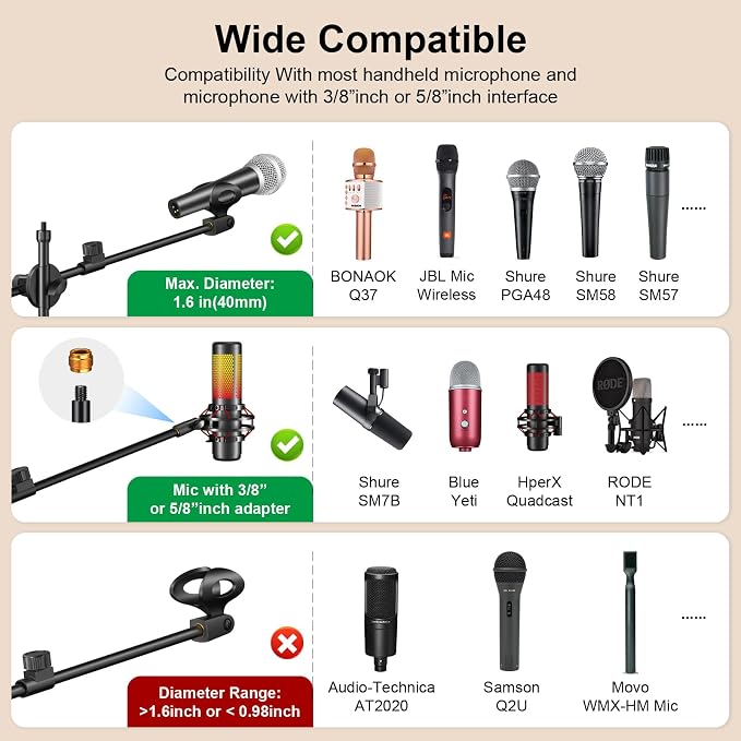 Mic Stand, 6-in-1 Microphone Stand with Floor Boom, Support Boom, Gooseneck, Mic Clips, Tablet Phone Holder, Black, Metal, Portable, Adjustable