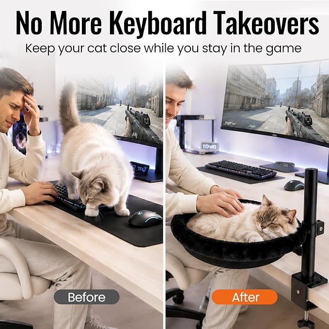 Cat Desk Bed|Foldable Clamp On Hammock for Gaming Desk|Supports Up to 45 lb | Height adjustable, 360° swivel, steel clamp, 45 lb capacity, reversible machine-washable cover; fits desks up to 3.8 in