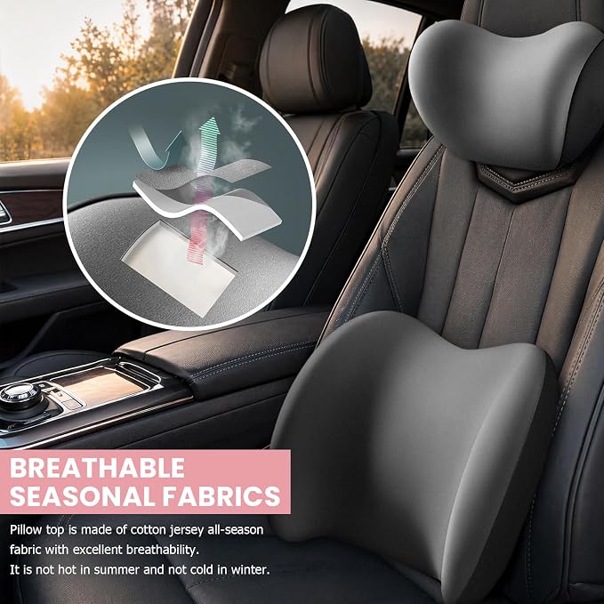 2 PCS Car Headrest & Lumbar Support Cushion, Ergonomic Memory Foam Lumbar Pillow Neck Rest Cushion, Breathable Back Pillow & Headrest Support for Driving Seat, Car Accessories (Gray)