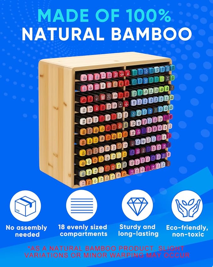 UCEC Bamboo Marker Organizer for 176 Markers, 11-Tier Desktop Marker Storage Rack with 22 Wide Compartments, Stackable Alcohol Pen Holder for Artists, Classroom, Studio Decor