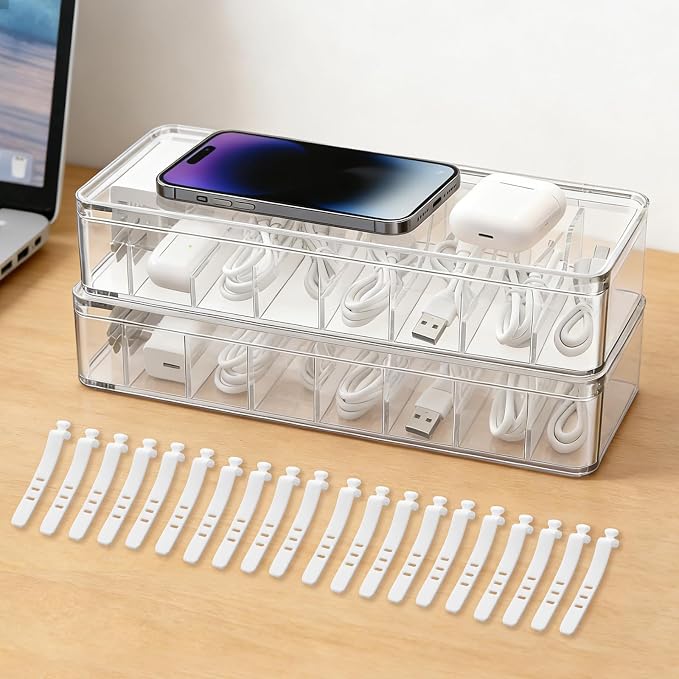 2 Pack Cable Organizer Box with Lid - Stackable Charger Cord Storage Organizer with 20 Wire Ties - Adjustable Compartments Phone Cables Wire Management Box for Drawer Desk Office Home Accessories