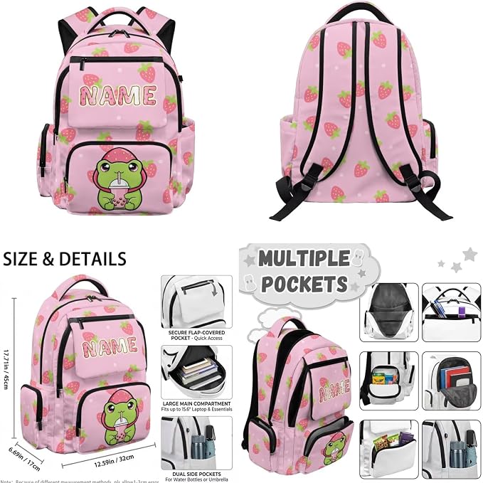 WELLFLYHOM Custom Name Strawberry Frog Backpack Set for Girls Ages 8-12 | 4Pcs Personalized School with Lunch Box, Pencil Pouch and Water Bottle Carrier for Daily Campus Use
