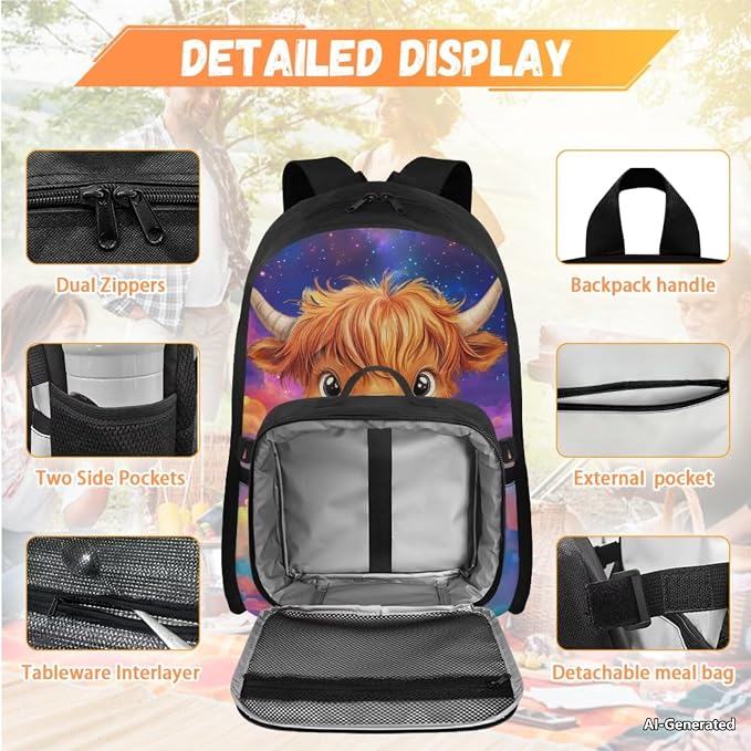 Doojoayie Highland Cow Backpack for Girls with Lunch Box Trendy Kids School Bag for Summer Elementary School Backpack for Boys 8-12 Lightweight Bookbag with Insulated Lunch Box