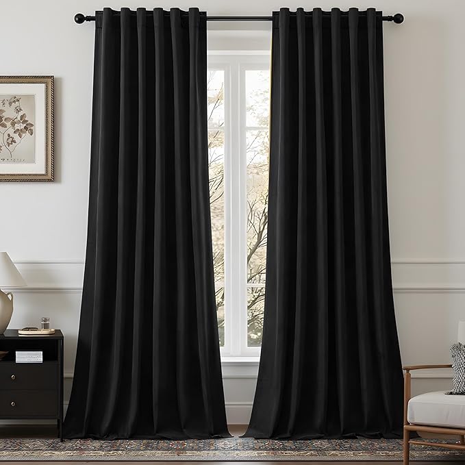 Extra Long Black Velvet Blackout Curtains 102 Inches, Super Soft Luxury Thermal Insulated Drapes for Bedroom & Living Room, Noise Reducing Room Darkening Curtain Back Tab & Rod Pocket, 2 Panels