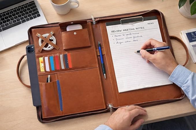 FUNTACY Leather Portfolio with Handles – Professional Business PU Leather Padfolio Organizer, Zippered Portfolio Binder for Documents, Resume, Notebook – Slim Leather File Folder for Men & Women