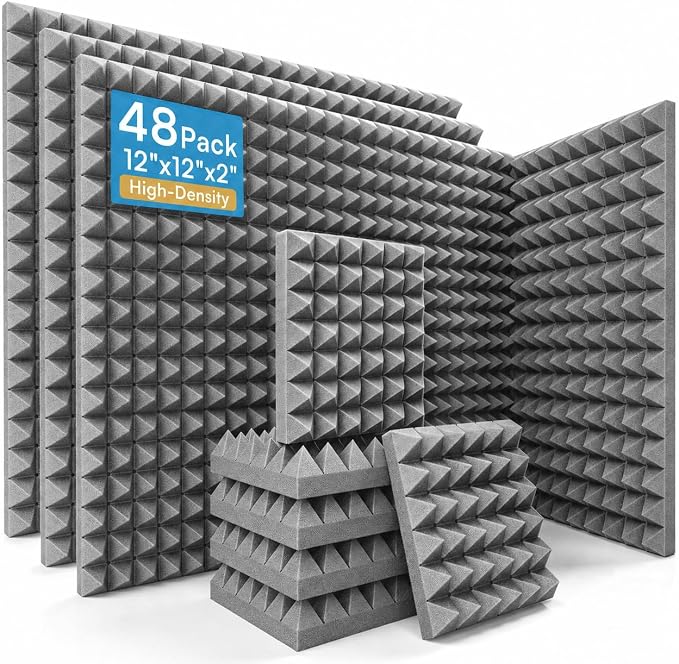 48 Pack Pyramid Acoustic Foam Panels, 12" x 12" x 2", Gray | Flame-Retardant, 30 kg/m³ High Density, 2" Thick, Pyramid Design, Non-Adhesive