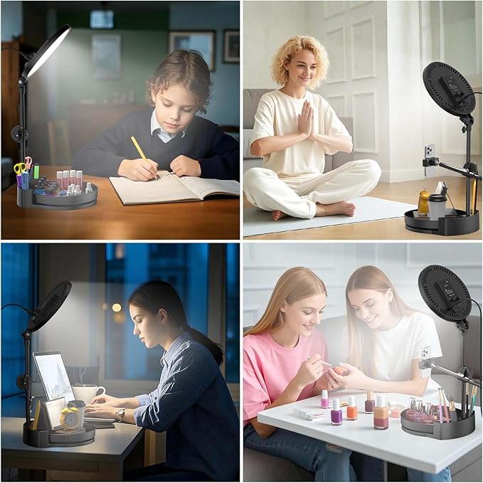 Selfie Light Kit for Desk and Laptop,55W Dimmable Full Screen Ring Light,with Rotating Storage Box,Pen Holder Stand,Phone Holder and Controller (White, 10.5)