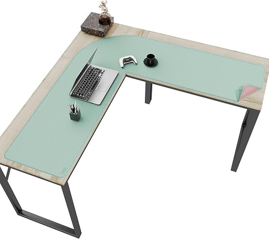 Vyaaa L-Shaped Leather Desk Pad Protector,Large Mouse Pad Corner Desk Mat,Double Sided Desk Blotter for Computer,Laptop,Office or Home,51" x 51"x 15.8",Pink and Green