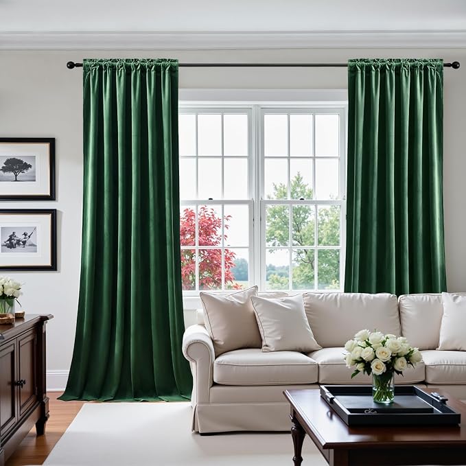 Velvet Curtains 102 Inches Long for Bedroom, Super Soft Room Darkening Thermal Insulated Curtains Luxury Window Drapes for Living Room Nursery, Back Tab Rod Pocket, Dark Green, W52 x L102, 2 Panels