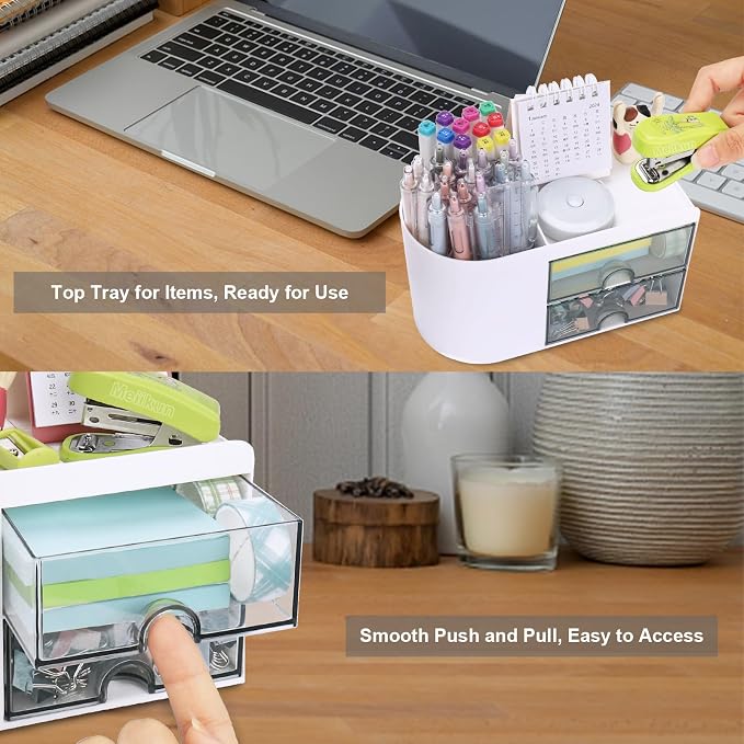 Meiikun Desk Organizer with Drawer, Pen Organizer for Desk, Small Pencil Holder, Desk Organizers and Accessories for Office Home Storage (2 Drawers+4 Compartments, White)