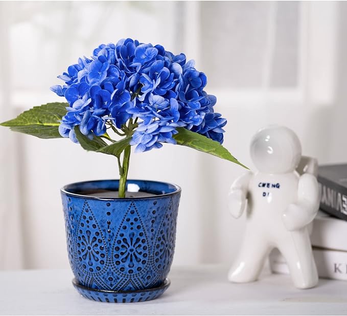 Gepege 6 Inch Beaded Ceramic Planter Set of 2 with Drainage Hole and Saucer for Plants, Indoor-Outdoor Large Round Succulent Orchid Flower Pot (Blue, for Inner-pots not Larger Than 5 Inch)