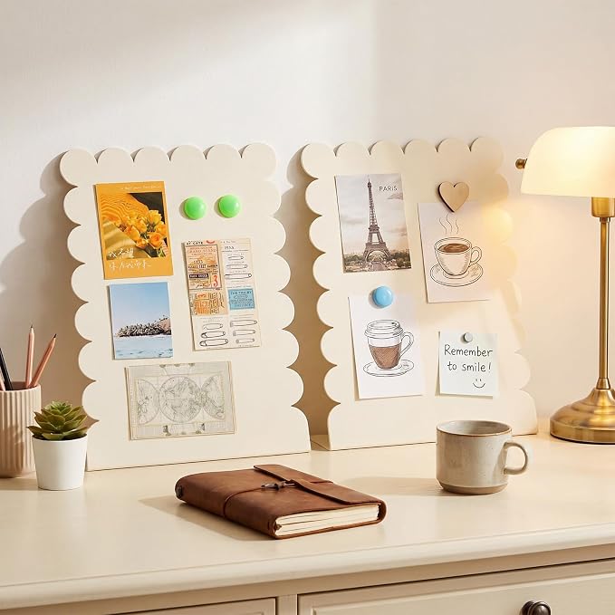 Gueevin 2 Pcs Magnet Board Standing Magnetic Metal Board for Desk and Wall Scalloped Magnetic Display Stand for Memos Photos and Documents Home Office School Desk Storage Decoration(White,Large)