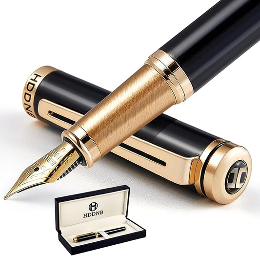Black Luxury Fountain Pen Set for Men and Women with Gift Box, 24K Gold Finish and Gilded Nib(Medium) with 5 Black Ink Cartridges and Converter