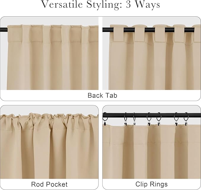 PONY DANCE Window Curtains Drapes - Energy Saving Back Tab/Rod Pocket Room Darkening Thermal Curtain Draperies Heavy-Duty for Kitchen, 52 by 54 inch, Biscotti Beige, Double Panels