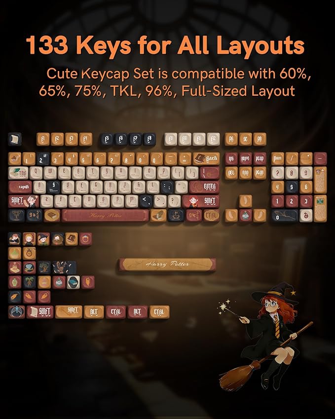 Keymatic Cute Keycaps Magic Academy Theme Keycap Set Dye Sub PBT Custom Keycap 133 Anime MOA Profile Key caps for Mechanical Keyboard for 61/68/84/87/98/99/100/104/108 Keys(Only Keycap Set)