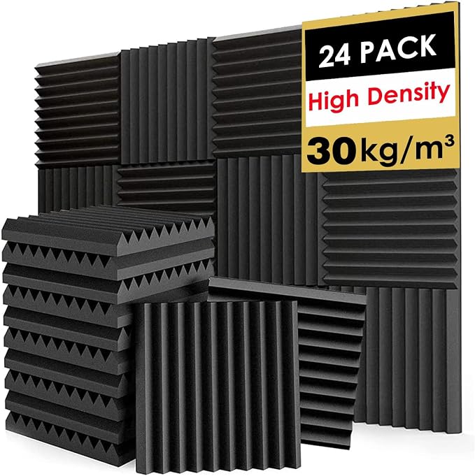 FONESO Acoustic Foam Panels, Sound Proof Foam Panels for Walls, High Desnsity Studio Soundproofing Wedges - Fire Resistant & Noise Absorbing for Studio, Office, Home (Black, 1"x12"x12" 24Pack)