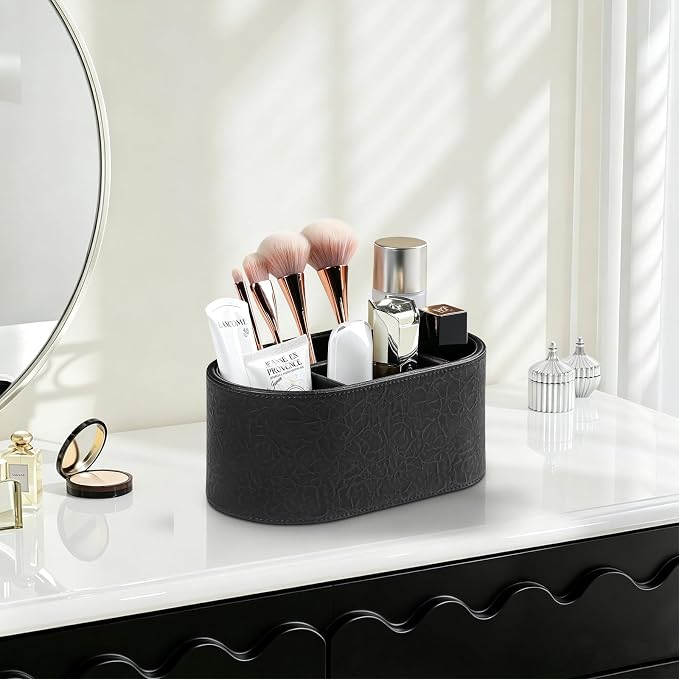 Oval Remote Control Holder, 4-Compartment Desk Nightstand Organizer | Crinkled Finish PU Leather Desk Organizer, Waterproof Desk Caddy for Remote Controls, Makeups, Pens & Office Supplies