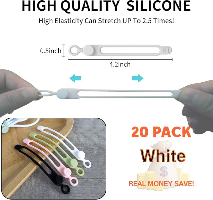 [20Park]UMUST Silicone Cable Ties, Reusable Cable Management Organizer,Cable Straps,Cord Ties,Multipurpose Elastic Cord Organizer for Bundling and Fastening Cable Cords Wires(white) | Reusable Cord Ties, Cable Strap Tie for Bundling Electronics Wire,Ho...