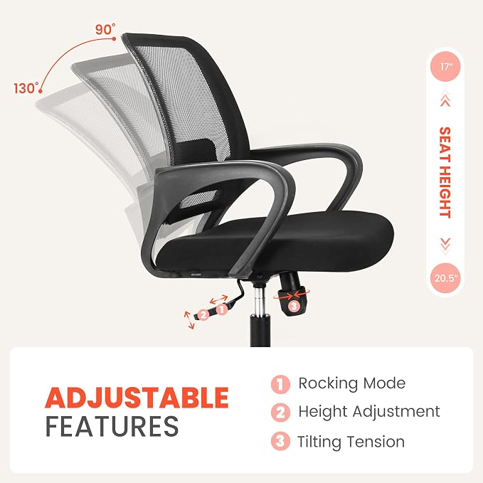 NEO Chair Office Desk Ergonomic Computer Mesh Chair with Lumbar Mid Back Support Adjustable Height Swivel Rolling Wheels Comfy Task Vanity Chair for Home Bedroom Study (All Black)