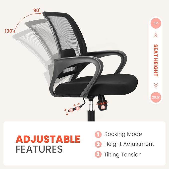 NEO CHAIR Office Desk Ergonomic Computer Mesh Chair with Lumbar Mid Back Support Adjustable Height Swivel Rolling Wheels Comfy Task Vanity Chair for Home Bedroom Study (Black)
