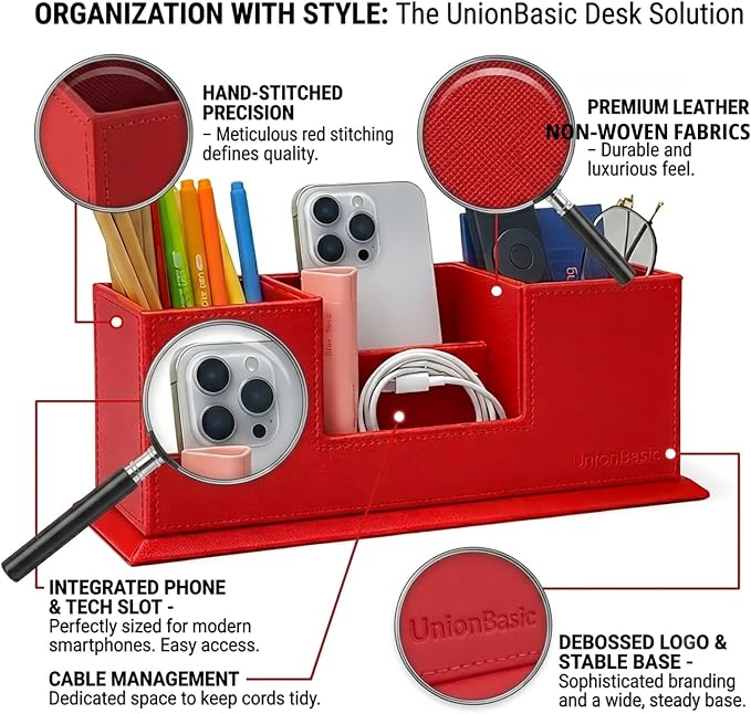 UnionBasic Desk Organizer, Desktop Caddy Leather Multi-compartment Pen Holder Office Stationer Organizer, Red