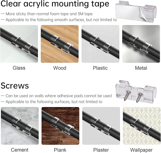 50 Cable Clips, Clear Cord Organizer, Cable Management Desk Wall | Self-Adhesive with 100 Screws for Damage-Free Mounting on Wood Glass Metal and Painted Surfaces