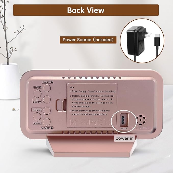 Peakeep Slim Digital Mirror Aesthetic Alarm Clock for Bedrooms Desk Decor | Plug in Electric Big LED Modern Small Clock for Office Living Room, Battery Backup, 6 Dimmers (Rose Gold)