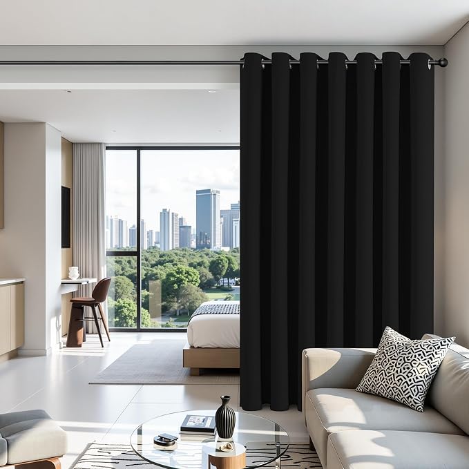 Joydeco Blackout Patio Sliding Door Curtains 108 Inches Long, Grommet Privacy Room Divider Curtains, Extra Wide Thermal Blackout Drapes for Bedroom Living Room (Black, 60Wx108L, 1 Panel)