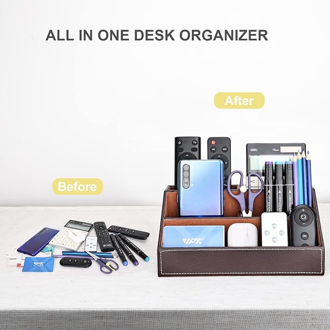 Pu Leather Desk Organizer with 5 Compartments Holder, Multi-Functional Office Supplies Storage Caddy for Pen/Pencil, Phones, Remote Controller and Desktop Accessorie Brown