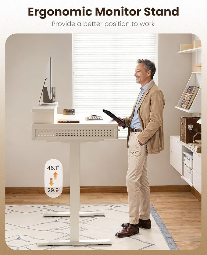 OffiGo 48 Inch Electric Standing Desk, White, 3 Wood Drawers, Monitor Stand | 3 Outlets & 2 USB Ports, 20 LED Modes, 3 Memory Heights, 29.9"-46.1" in Range, Cable Management Tray, 154 lb Capacity