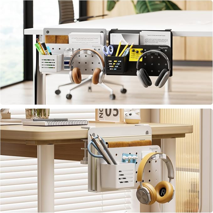PEGZONE Desk Side Storage Organizer, Fits Flat Edge 0.4" to 2.2", White | No Drill Under Desk Laptop Holder, Clamp on Desks Shelf with Pegboard Accessories, Hanging Laptop Mount
