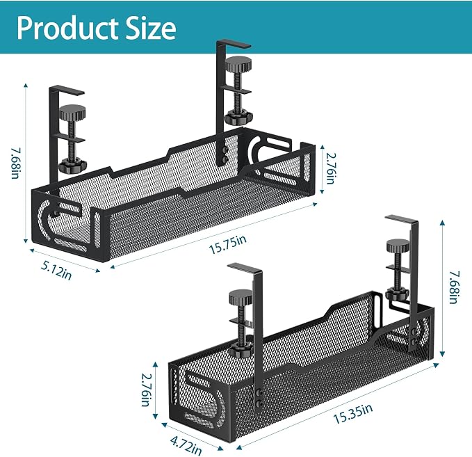 2Pack Under Desk Cable Management Tray, No Drill Mesh Desk Cable Tray | Wire Management Tray Cable Management Rack, Cord Organizer and Cable Management Box (Black)