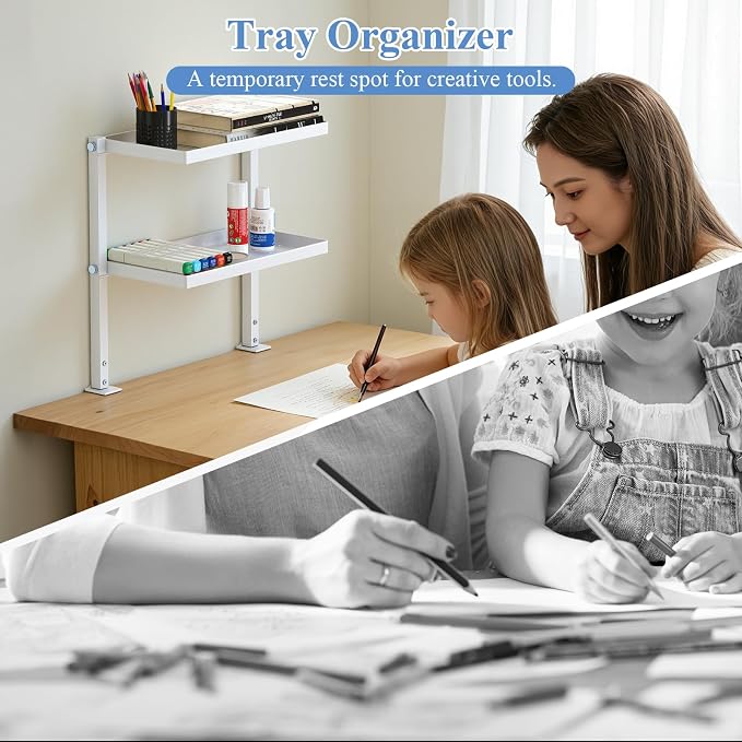 Jumyee 2-Tier Side/Top Clamp On Desk Shelf With Magnetic Pegaboard(White) | Adjustable Desk Pegboard Tray & Magnetic Accessories, No-Drill Clamp On Desk Organizer Pegboard with 6 Hooks